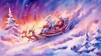 Wall Mural - Watercolor of Santa Claus riding his sleigh on vivid purple background