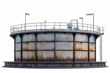 Large industrial crude oil storage tank with a rusty metal exterior is isolated on a white background