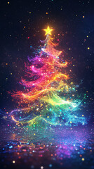 Wall Mural - vibrant Christmas tree adorned with colorful lights and sparkling effects creates magical holiday atmosphere. glowing star atop adds festive touch to this enchanting scene