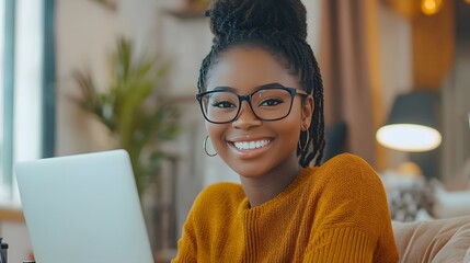 Sticker - Smiling Woman with Braids Wearing Glasses and a Yellow Sweater