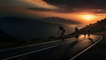 Sticker - side view Photo of 3 man bicycling on the mountain road, sunset.