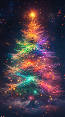 Wall Mural - vibrant Christmas tree adorned with colorful lights and sparkling effects, creating magical holiday atmosphere. tree shines brightly against dark, starry background, evoking joy and celebration