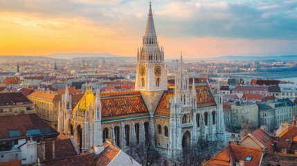 Wall Mural - The historic Matthias Church in Budapest, with its colorful roof tiles and Gothic architecture standing proudly atop Castle Hill.