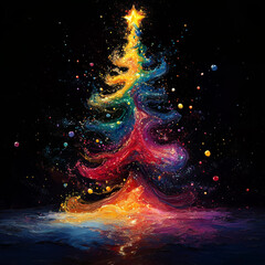 Wall Mural - vibrant Christmas tree adorned with colorful ornaments and shining star at top, radiating joy and festive spirit against dark background