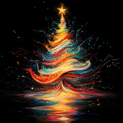 Wall Mural - vibrant Christmas tree adorned with colorful swirls and sparkling lights, radiating joy and festive spirit against dark background