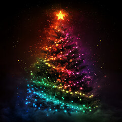 Wall Mural - vibrant Christmas tree adorned with colorful lights and shining star on top creates magical holiday atmosphere. dazzling colors and sparkling effects evoke joy and celebration