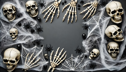 Wall Mural - Flat lay composition of spooky skeleton hands, cobwebs, and skulls with text space.