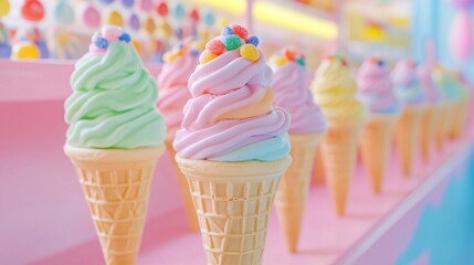 Wall Mural - Close up of colorful ice cream cones with sprinkles.