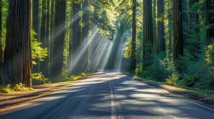 Poster - A road with trees on either side and the sun shining on it
