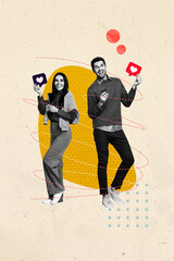 Aufkleber - Composite trend artwork sketch image photo collage of valentine day couple man lady stand together hold heart banner blogger social media