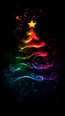 Wall Mural - vibrant Christmas tree adorned with colorful swirls and shining star, set against dark background, evokes festive and joyful atmosphere
