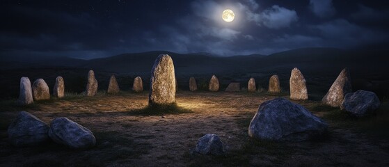 Mystical standing stones illuminated by moonlight create an enchanting, ancient atmosphere at night.