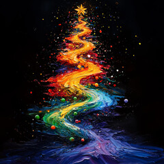 Wall Mural - vibrant and colorful Christmas tree made of swirling paint, radiating joy and festive spirit. tree is adorned with bright ornaments and star on top, creating magical holiday atmosphere