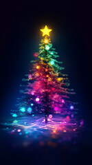 Wall Mural - vibrant Christmas tree adorned with colorful lights and shining star on top creates festive atmosphere. glowing decorations reflect joyful holiday spirit