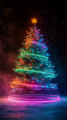 Wall Mural - vibrant Christmas tree adorned with colorful lights and glowing star on top, creating magical holiday atmosphere. bright colors and festive decorations evoke joy and celebration