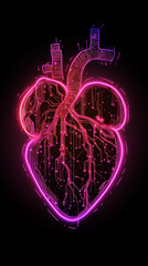 Wall Mural - cybernetic heart with glowing neon veins and intricate circuit patterns, symbolizing fusion of techn