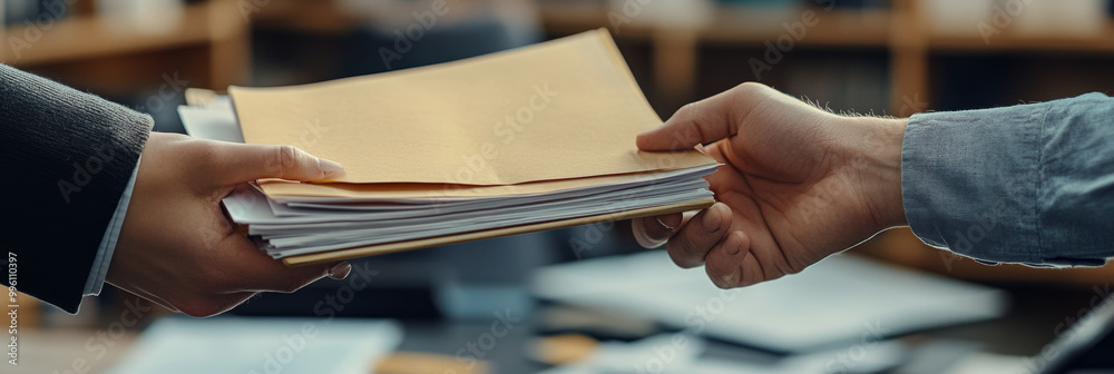 Hand Between Files image depicts professional setting where one person is handing over ...