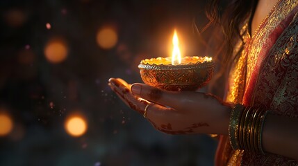 Woman in Traditional Jewelry Holding Diya Lamp