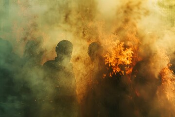 Wall Mural - Zoom out to reveal a group of people watching helplessly as their savings go up in smoke, reflecting the sense of despair in times of economic crisis. , background blur