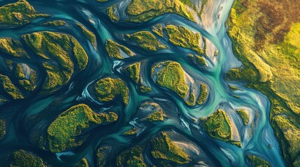 Canvas Print - Aerial View of a Serpentine River Winding Through a Lush Green Landscape