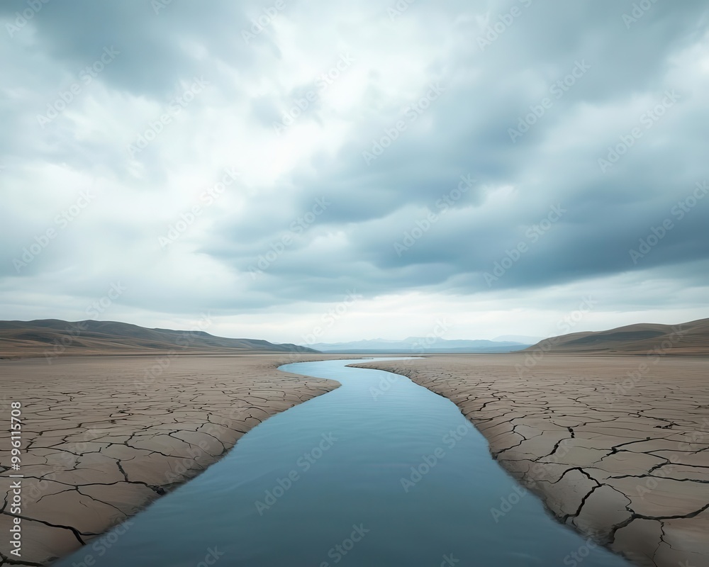 Disconetent River Depleted river with exposed banks, representing the environmental ...
