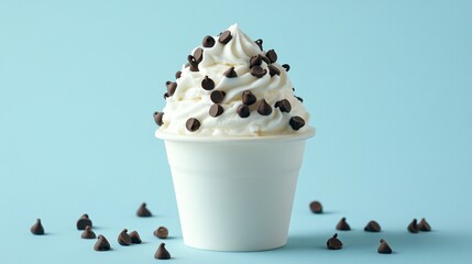 Wall Mural - Close-up of a cup of vanilla frozen yogurt topped with chocolate chips.