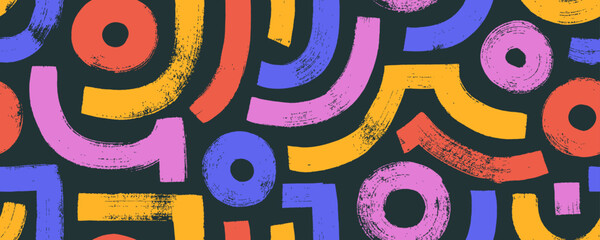 Aufkleber - Colorful abstract maze seamless background with brush drawn bold curves and circles.