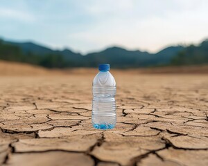 Empty water bottles littering a dry riverbed, symbolizing consumer waste and water scarcity risk, high contrast, environmental crisis