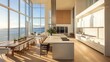 © Galib - A modern kitchen with a large island and a view of the ocean and cityscape.