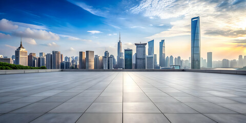 modern city skyline with empty floor overlooking a beautiful view, urban, architecture, cityscape, buildings, skyline, modern