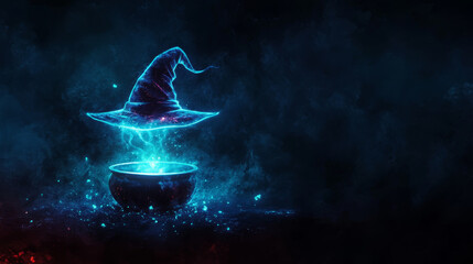 Wall Mural - glowing witch hat floats above mystical cauldron, surrounded by enchanting blue aura. scene evokes s