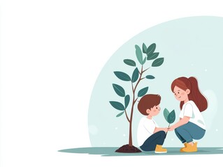 Children planting trees, future generation protecting the planet, flat design illustration