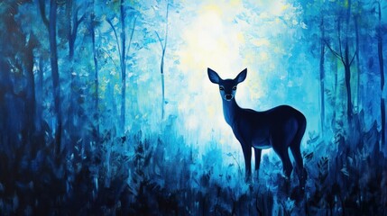 Poster - A Dark Deer Standing in a Blue Forest