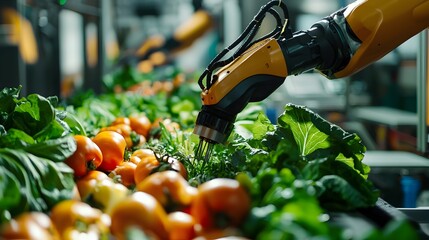 Automated Robotic Arms Packaging Freshly Harvested Vegetables in Futuristic Factory