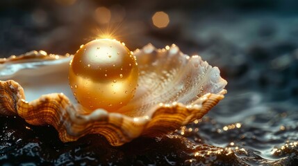 Nestled in a beautifully textured seashell, a golden pearl reflects morning light, creating a serene and enchanting coastal atmosphere