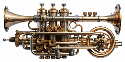 Unusual steampunk trumpet with intricate tubes and valves , steampunk, trumpet, music, instrument, vintage, retro, bronze