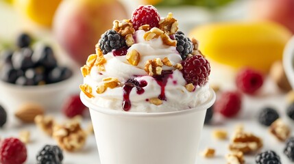 Poster - Close-up of a white cup filled with vanilla frozen yogurt, topped with chopped walnuts, raspberries, blackberries, and a drizzle of red berry sauce.