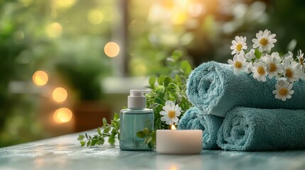 Spa setting with rolled towels, flowers, and a bottle of lotion in a peaceful environment