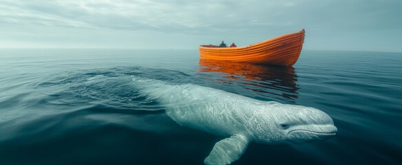 A curious beluga whale glides through pristine waters, closely approaching an orange boat as two people watch in awe against a hazy backdrop