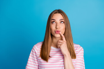 Poster - Photo of prety cute lovely woman wear trendy pink clothes look up empty space isolated on blue color background