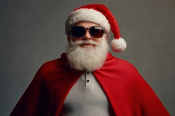 Santa Claus in sunglasses and a red cape on a gray background. Fashion, Santa Claus clothing flyer design, winter feeling with generative ai