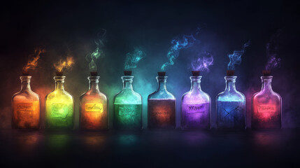 Wall Mural - set of spooky potion bottles glowing with eerie colors, each emitting colorful smoke. vibrant hues c