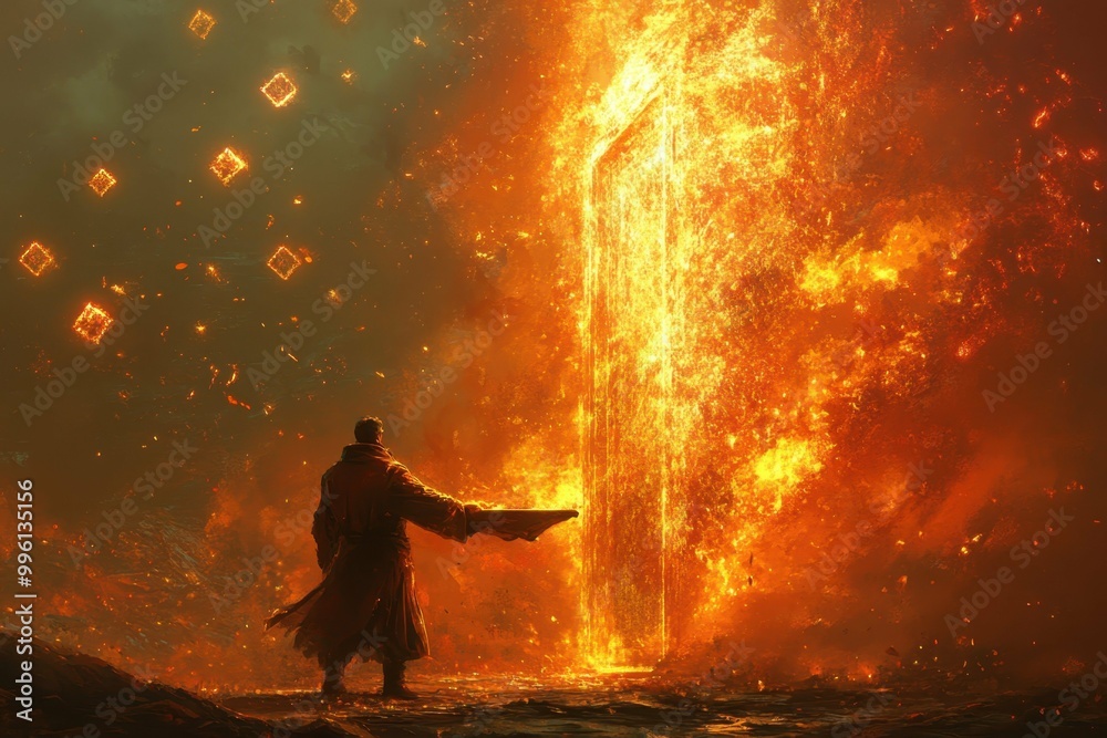 Heroic Sword Fight. Epic warrior standing before fiery portal, fantasy ...