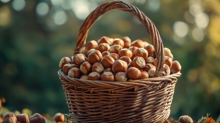 close-up view of hazelnuts in a wicker basket with the garden as the backdrop. a newly harvested hazelnut crop. Thanksgiving. concept of harvesting gardens.