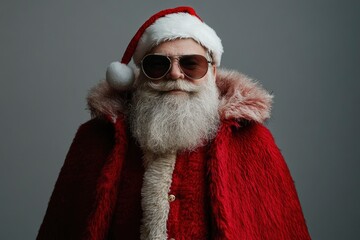 Santa Claus in sunglasses and a red cape on a gray background. Fashion, Santa Claus clothing flyer design, winter feeling with generative ai