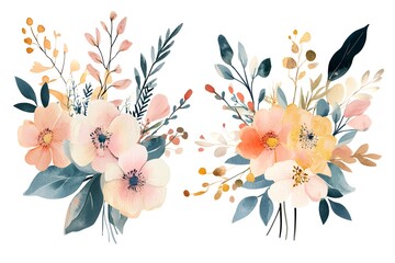 Set of watercolor flower bouquets, clipart isolated on a white background, in pastel colors,