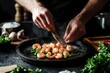 © MUdaylah - Seafood, Professional cook prepares shrimps with sprigg beans. Cooking seafood, healthy vegetarian food and food on a dark background. Horizontal view. Eastern kitchen with generative ai