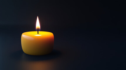 single candle flame flickers softly against dark grey background, creating warm and inviting atmosphere. glow of yellow candle adds touch of serenity and calmness to scene