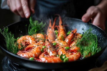 Seafood, Professional cook prepares shrimps with sprigg beans. Cooking seafood, healthy vegetarian food and food on a dark background. Horizontal view. Eastern kitchen with generative ai