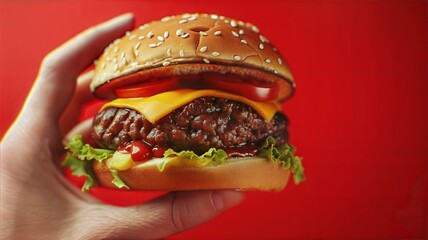 Handheld juicy cheeseburger with fresh lettuce, tomato, and ketchup in a sesame seed bun